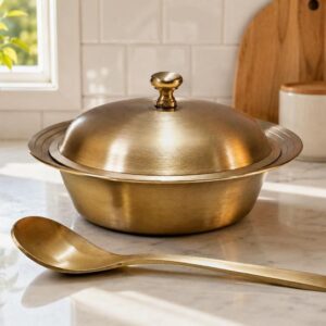 Pure Kansa/ Bronze Serving Round Bowl with Serving Spoon