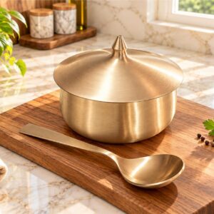 Pure Kansa Bronze Donga Bowl Set with Lid & Serving Spoon | Traditional Indian Serveware