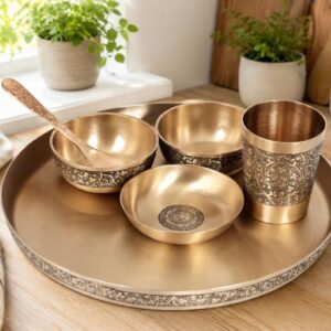 100% Pure Bronze / Kansa Etching 11 Inch Thali set, 6 Pcs