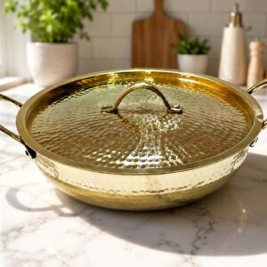 Flat Base Brass Kadai with Brass Lid-Naturally non stick
