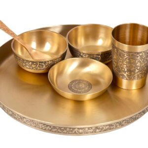 100% Pure Bronze / Kansa Etching 11 Inch Thali set, 6 Pcs
