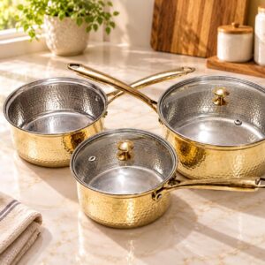 Brass Sauce Pan Set of 3 – Hammered Design, Tin Coated Inside with Lids | PTAL Kansa