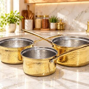 Brass Sauce Pan Set of 3 – Hammered Design, Tin Coated Inside | PTAL Kansa
