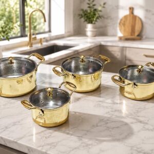 S/4 100% Pure Brass Hammered Sauce Pan with Tin Inside and Glass Lid
