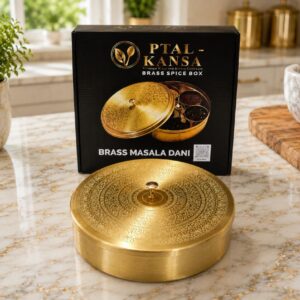 Premium Brass Spice Box with 7 Containers & Spoon | Handcrafted Masala Dabba with Premiumt Box | Ptal-Kansa