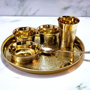 Brass 12” Inch Thali Set of 6 Pieces in Gloss Finish
