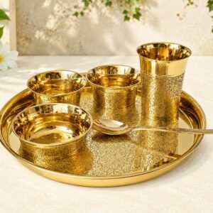 Brass 12” Inch Thali Set of 6 Pieces in Etched Design