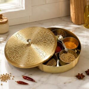 100% Pure Brass Kitchen Spice Box with detachable Containers