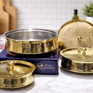 Handcrafted Brass Lagaan Set of 3 | Hammered Design | Tin-Lined (Kalai) Interior | Ptal-Kansa