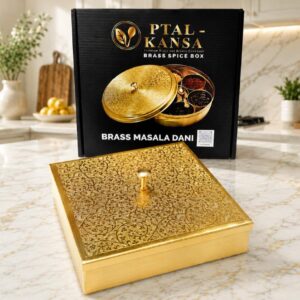 Pure Brass Etched Design Square Spice Box | Handcrafted Masala Storage Box | Ptal-Kansa