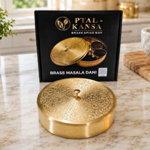 Pure Brass Etched Design Spice Box | Handcrafted Round Masala Dani | Ptal-Kansa