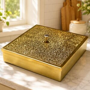 100% Pure Brass Kitchen Spice Box Square with detachable Containers