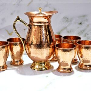 Copper Premium Jug with Lid – Traditional Indian Drinkware for Healthy Living (9.2 inch with 6 Glass.)