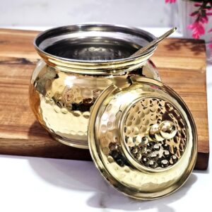 Pure Brass Ghee Pot in Hammered Design and  Spoon 400ml