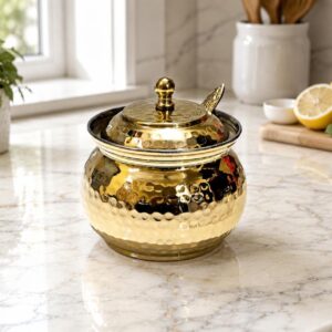 Pure Brass Ghee Pot in Hammered Design and  Spoon 400ml