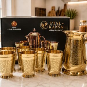 Premium Brass Embossed Water Jug & Glass Set (7 Pieces) | 1 Jug + 6 Glasses with Luxury Gift Box | Handcrafted by Ptal-Kansa