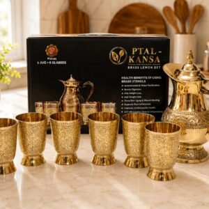 Premium Brass Embossed Water Jug & Glass Set (7 Pieces) | 1 Jug + 6 Glasses with Luxury Gift Box | Handcrafted by Ptal-Kansa
