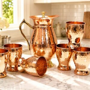 Copper Premium Jug with Lid – Traditional Indian Drinkware for Healthy Living (9.2 inch with 6 Glass.)