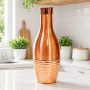 Beautifully Designed Copper Water Bottle with Half Hammered and Polish Designed By Ptal-Kansa.