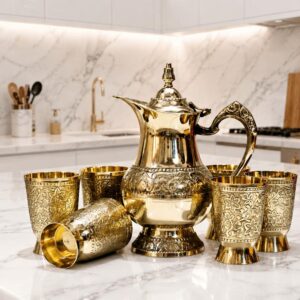 Brass Lemon set Embossed Design with 6 Glass