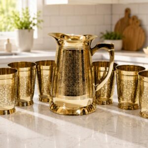 Brass Lemon Jug Set with 6 Glasses in Etching Design.