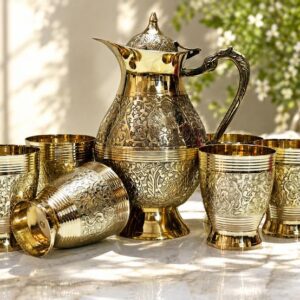 Brass Lemon set Embossed Design with 6 Glass - Peacock Design