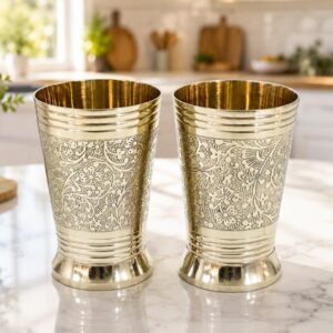 Premium Brass Mughal Floral Etched Design Glass Set of 2 with Velvet Gift Box | Handcrafted by Ptal-Kansa