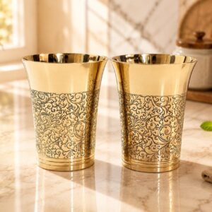 Premium Brass Engraved Design Set of 2 Glass with Premium Velvet Gift Box | Handcrafted by Ptal-Kansa