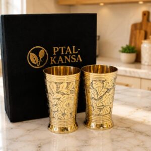 Premium Brass Hand Engraved Floral Glass Set of 2 with Velvet Gift Box | Handcrafted by Ptal-Kansa