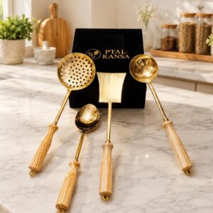 Premium Pure Brass Kitchen Laddles Set of 4 with Wooden Handles by Ptal-Kansa