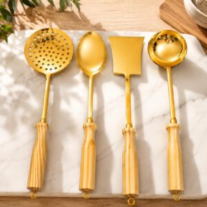 Pure Brass Ladles for Kitchen Set of 4 with Wooden Handle