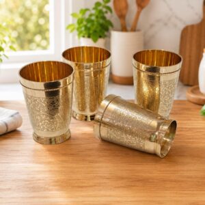 100% Pure Brass Hammered Design Set of 4 Glass with Premium Velvet Gift Box | Handcrafted by Ptal-Kansa