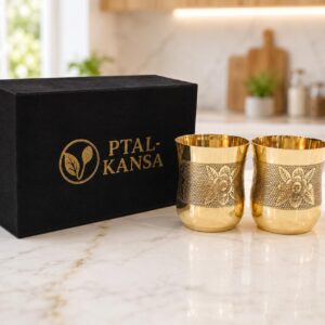 Premium Handcrafted Brass Flower Etched Drinking Glass Set of 2 – Includes Luxury Velvet Gift Box | Handcrafted by Ptal-Kansa