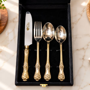 Premium Brass Embossed Cuttlery Set of 4 with Luxury Velvet Gift Box