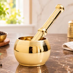 Pure and Solid Brass Mortar and Pastle in Curve Matki shape(Okhli) (Kharal)