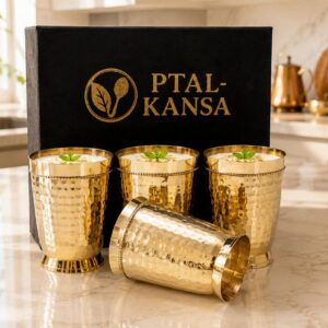 100% Pure Brass Hammered Design Set of 4 Glass with Premium Velvet Gift Box | Handcrafted by Ptal-Kansa