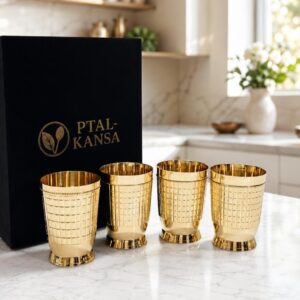 100% Pure Brass Brick Design Drinking Glass Set | Handcrafted Luxury Tumblers with Premium Velvet Gift Box