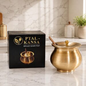Pure Bronze-Kansa Ghee Pot with Lid & Spoon | Traditional Ghee Storage Container | Ptal-Kansa