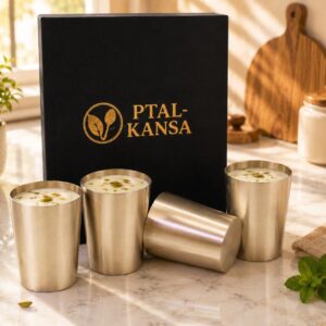 100% Pure Bronze Matt Finish Set of 4 Glass with Premium Velvet Gift Box | Handcrafted by Ptal-Kansa