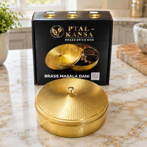 Beautiful Hammered Design Brass Spice Box with 7 Containers | Handcrafted Masala Dabba | Ptal-Kansa