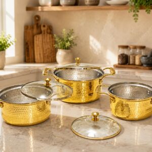 Brass Sauce Pan – Hammered Design with Tin Coating and Lids | PTAL Kansa