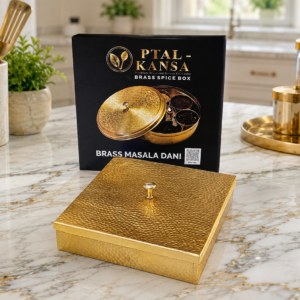 Premium Hammered Brass Square Spice Box | Handcrafted Masala Dabba | Ptal-Kansa