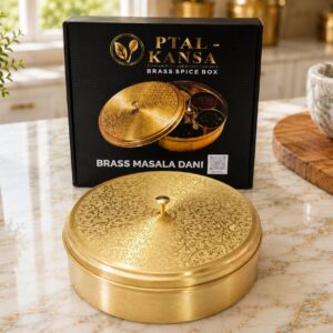Pure Brass Floral Etched Design Spice Box | Handcrafted Round Masala Dani | Ptal-Kansa